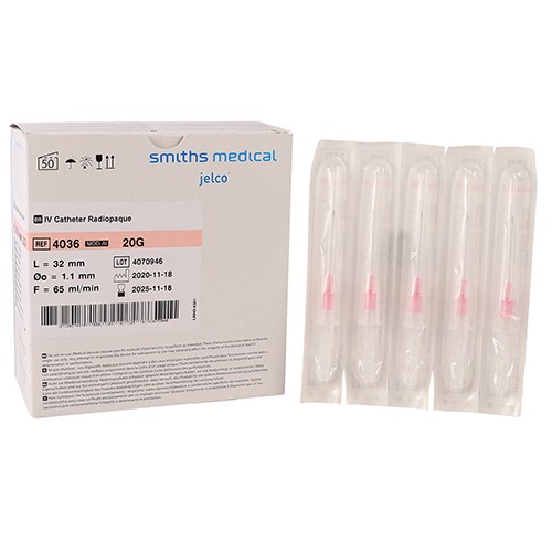 Jelco Radiopaque Pink Peripheral IV Catheter 20G